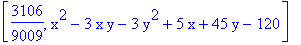 [3106/9009, x^2-3*x*y-3*y^2+5*x+45*y-120]
